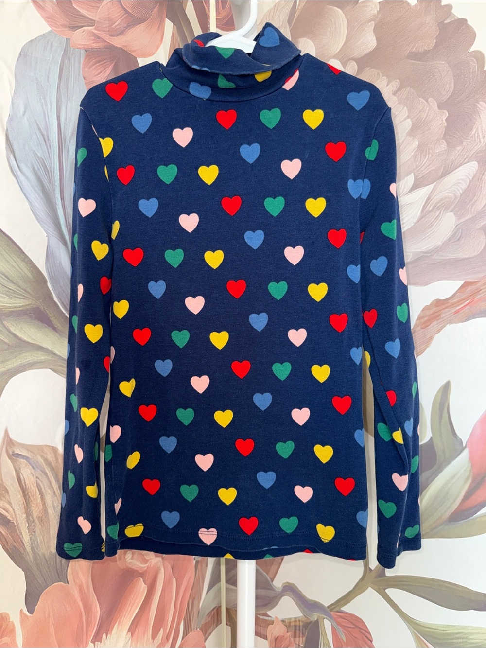 Mini Boden Girls' Navy Heart Print Turtleneck Top - Multicolor Hearts - 9-10Y